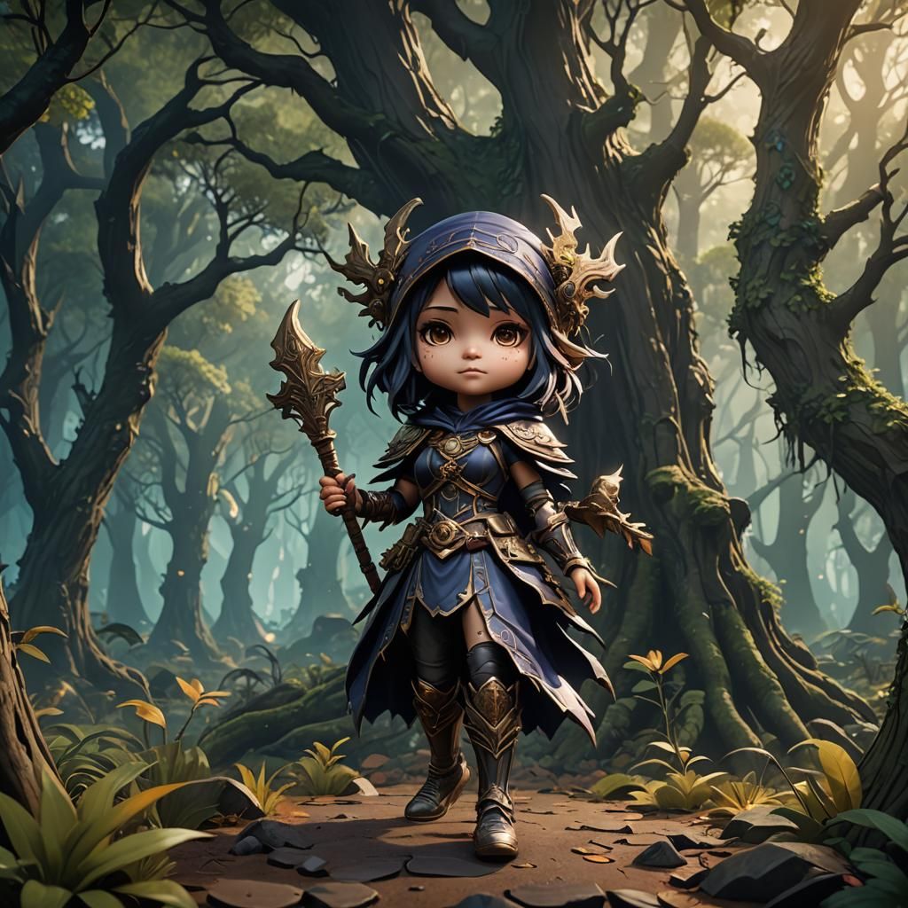 Chibi Witch in Dark Forest: Detailed Matte Painting