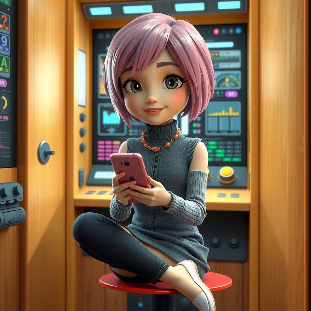 Young Girl with Pink Hair in Whimsical Futuristic Setting