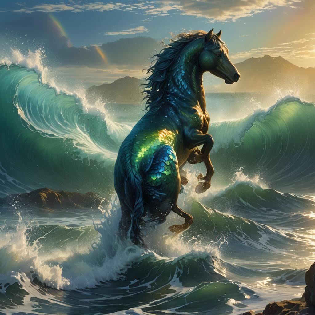 Majestic Kelpie Rising from a Fantastical Ocean