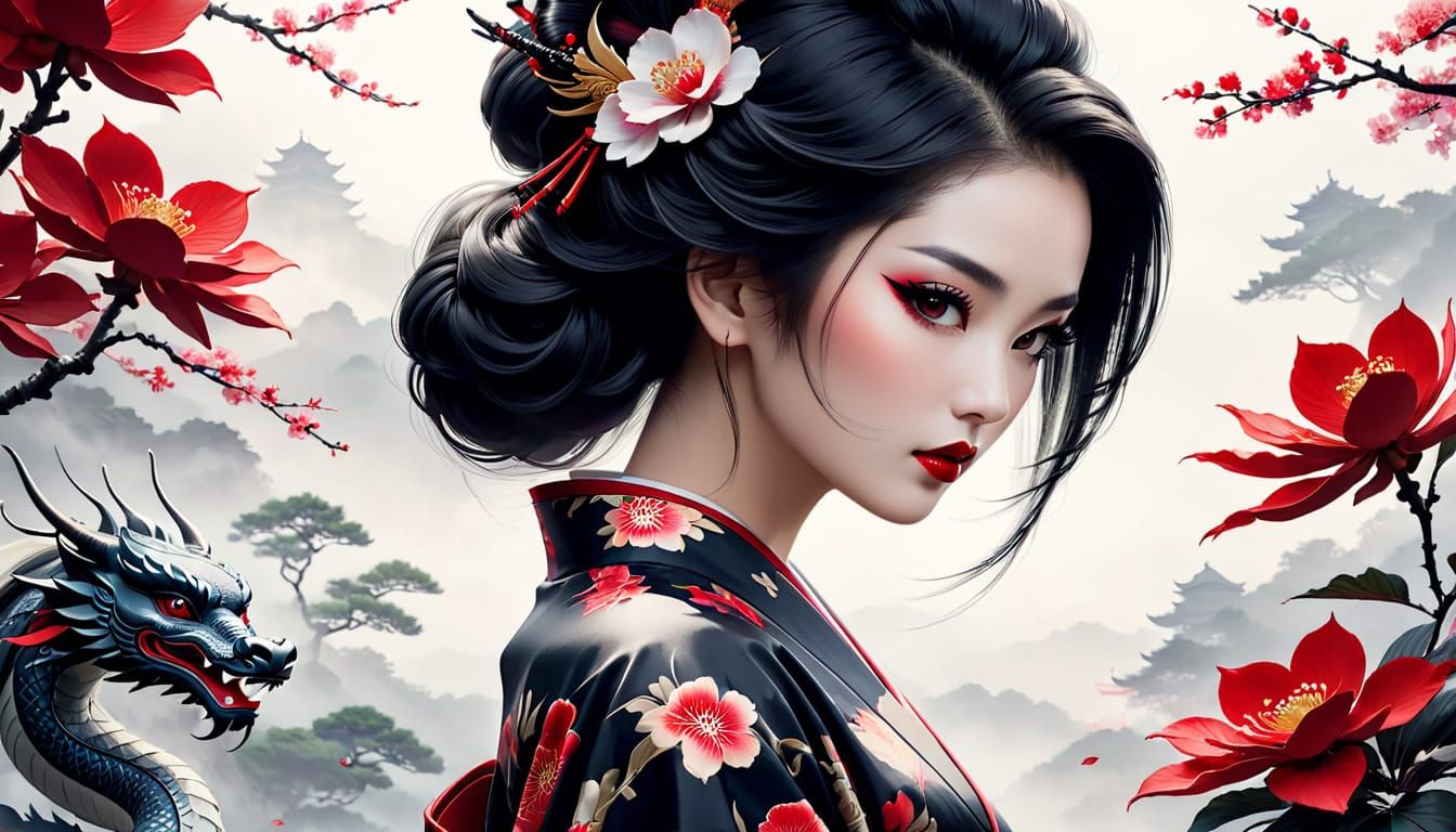 Oriental Temptress in Sumi-e Ink Art Movie Poster Style