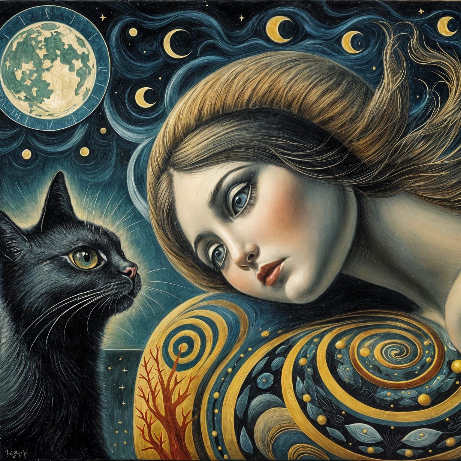 Woman and Black Cat in Surrealist Impressionism
