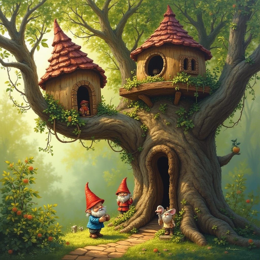 Whimsical Crabapple Treehouses in Oil Painting Style