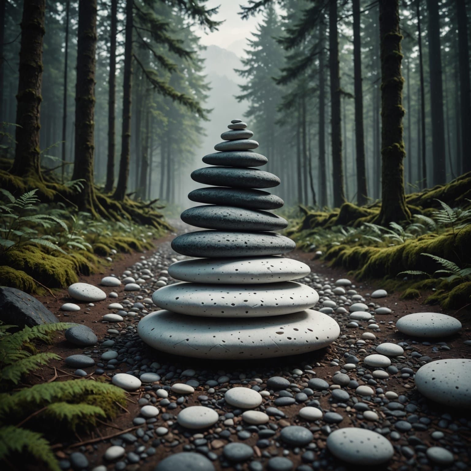 Stacked Stones Guide Travelers Through Dark Forest