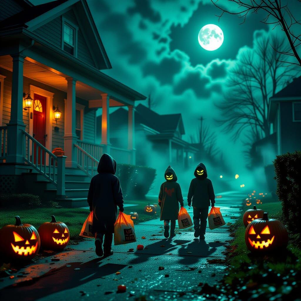 Ominous Halloween Night Scene with Creepy Children