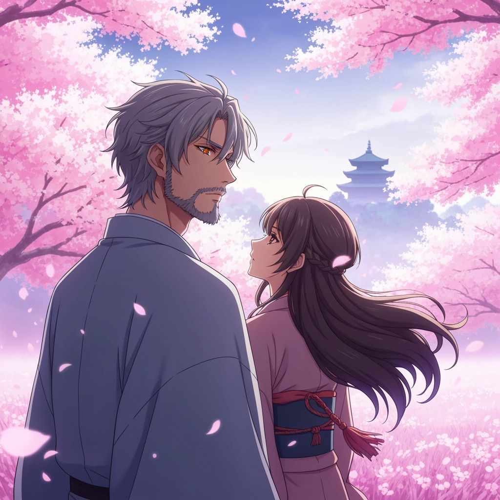 Anime Man in Cherry Blossom Field Contemplates Temple