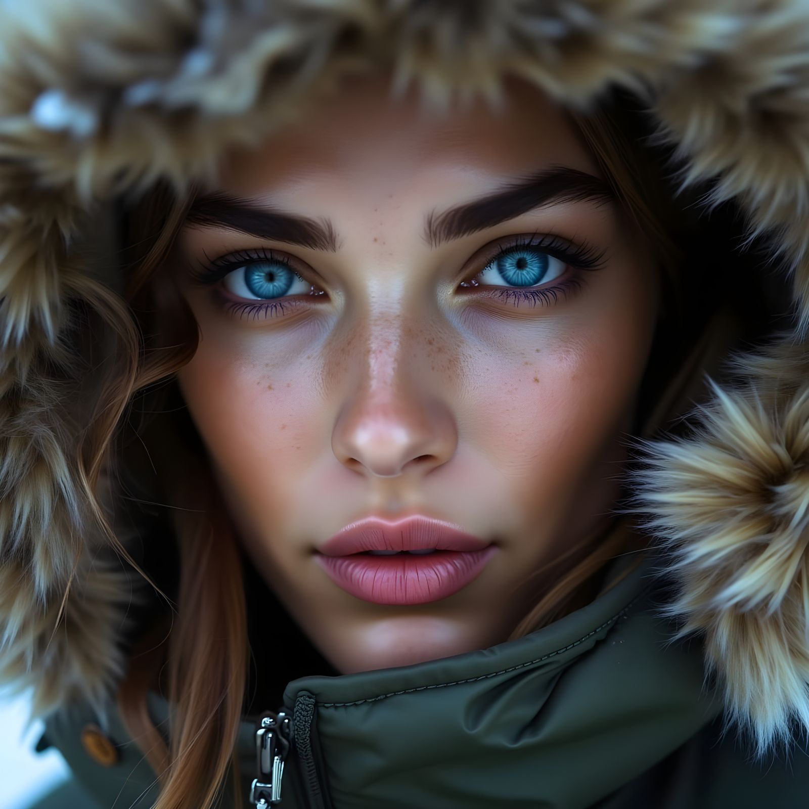 Striking Woman with Powerful Eyes in Winter Parka