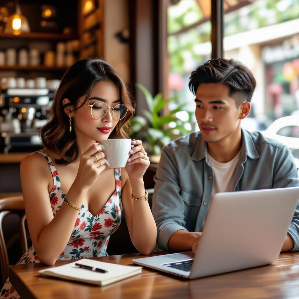 Filipina in Coffee Shop: Art Nouveau and Future