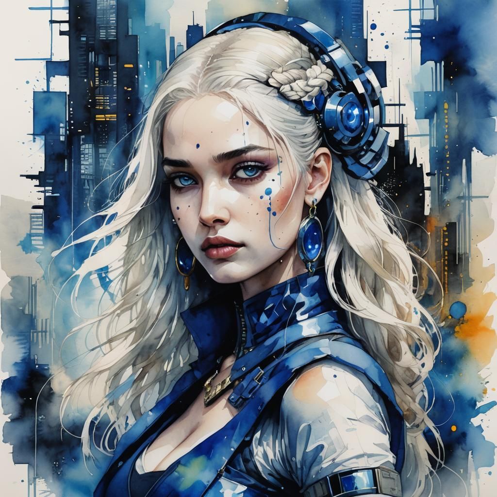 Sapphire Cyberpunk Metropolis: Irradiated Future in Watercol...