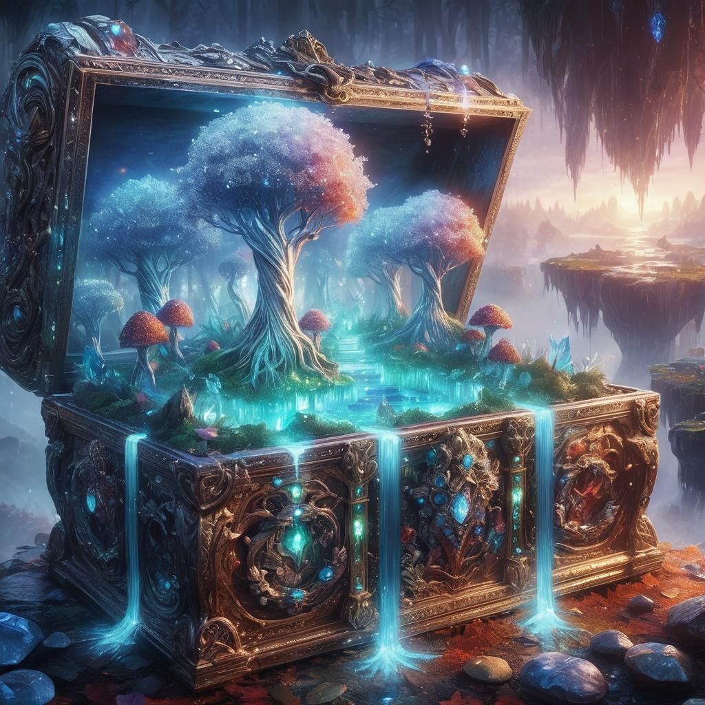 Enchanted Chest Opens to Glowing Forest: Art Nouveau