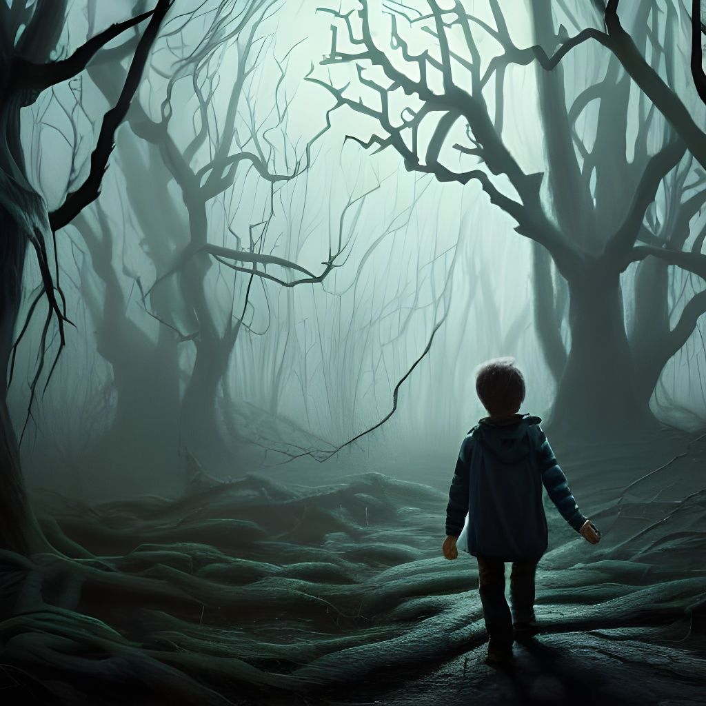 Scared Boy in Sinister Dark Fantasy Forest