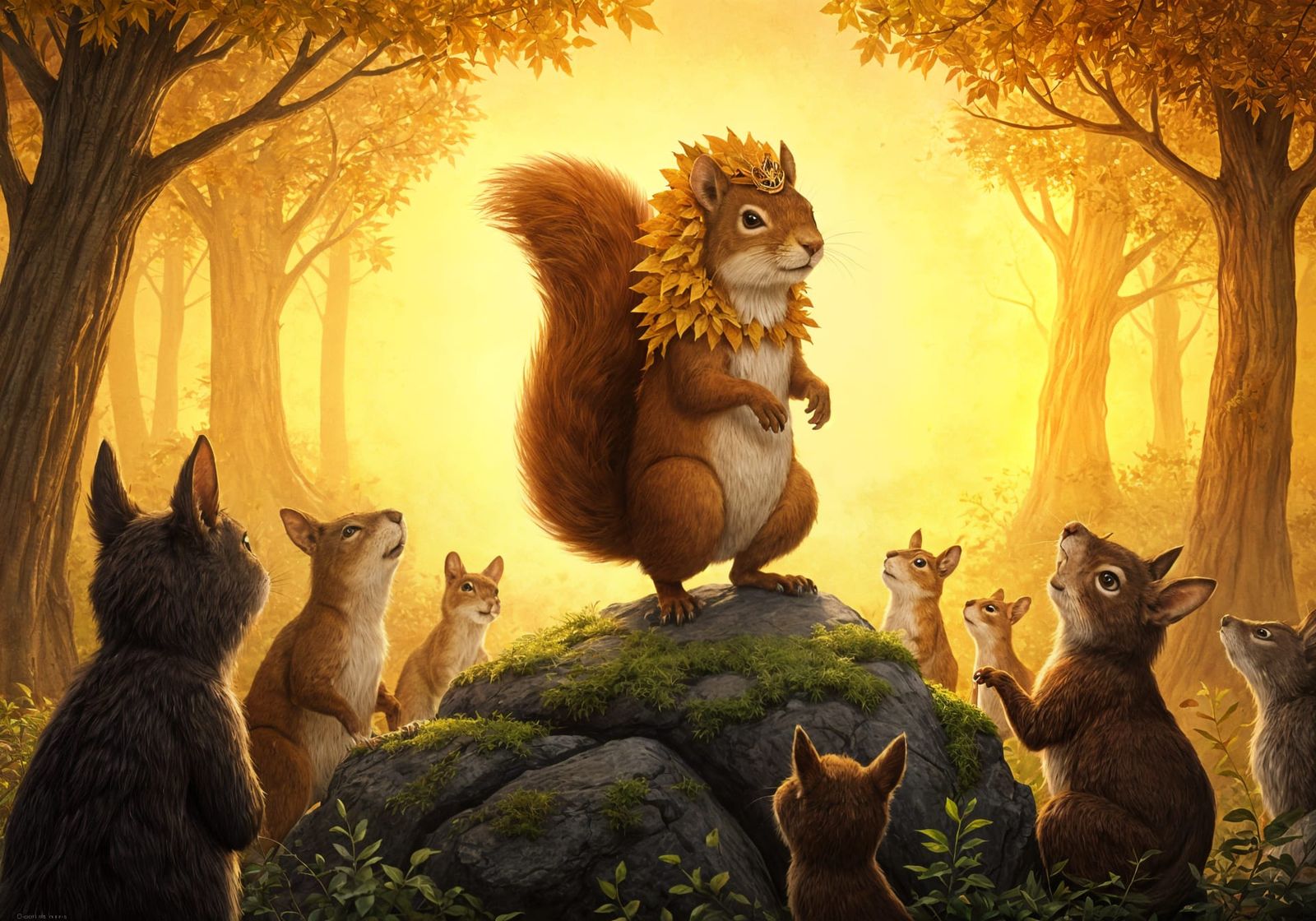 Squirrel King of Forest in Autumn Leaves