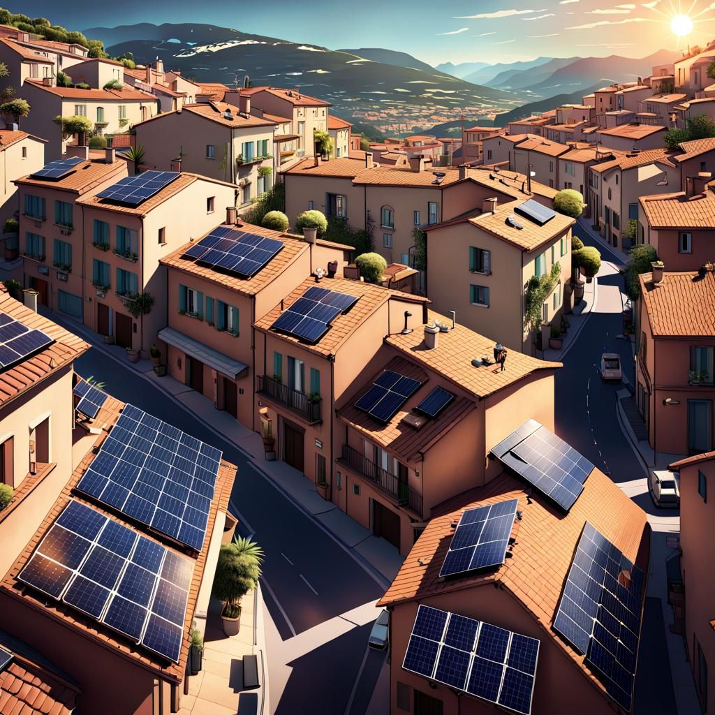 French Town with Solar Panels, Cel-Shaded Style