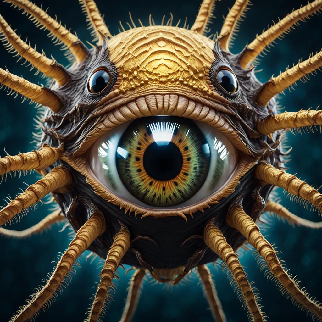 Eerie Black and Gold Tentacled Eyeball in Ethereal Realm