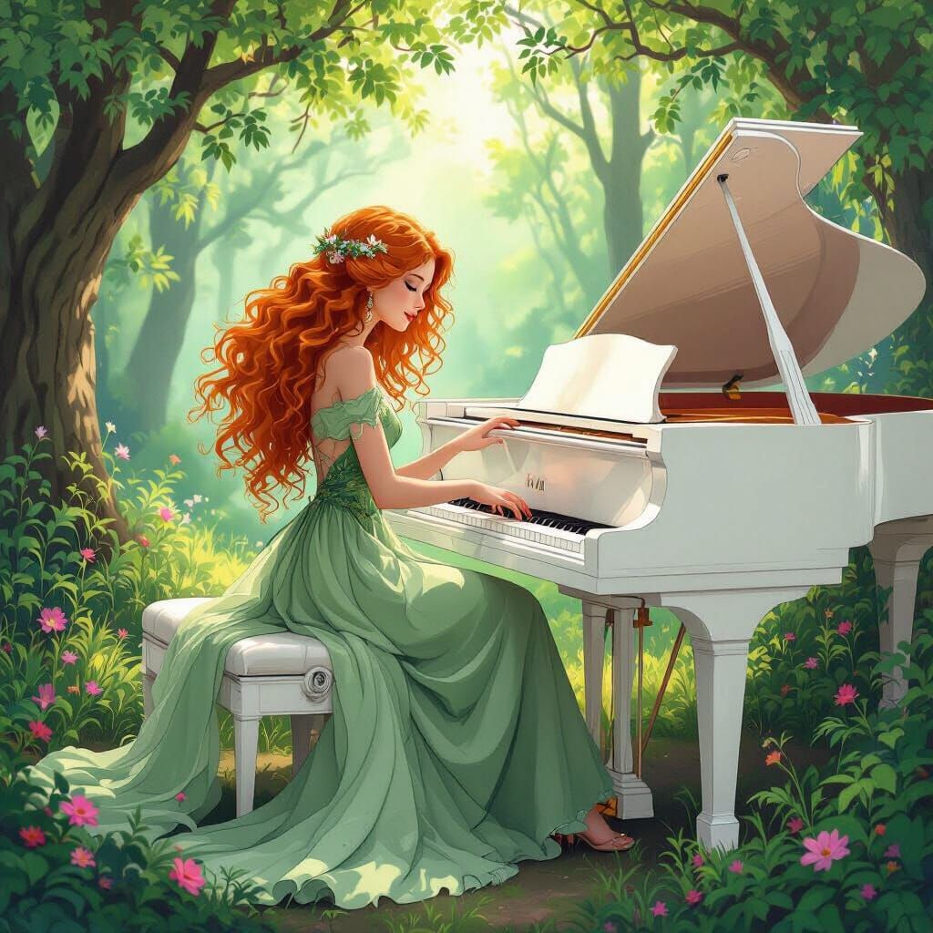 Girl Plays Piano in Forest, Art Nouveau Style