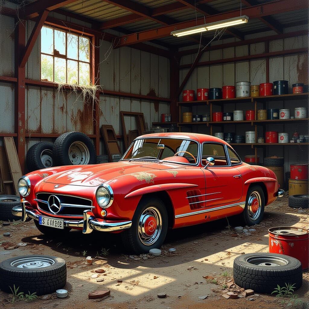 Abandoned Mercedes 300 SL in Dusty Workshop Oil Painting