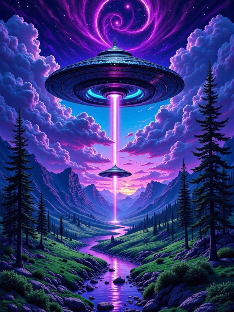Surreal Night Landscape with UFOs in Psychedelic Vaporwave S...