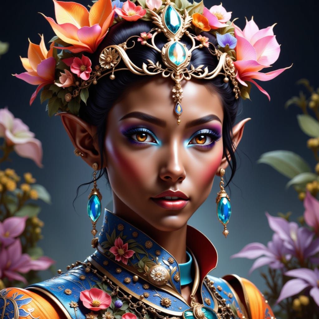 <lora:Laksha:1.0> Hyperrealistic portrait of a beautiful woman wearing intricately detailed colorful clothing and futuri...