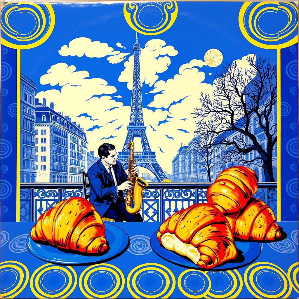 Jazz Croissants in Paris: Surreal Pop Art Composition