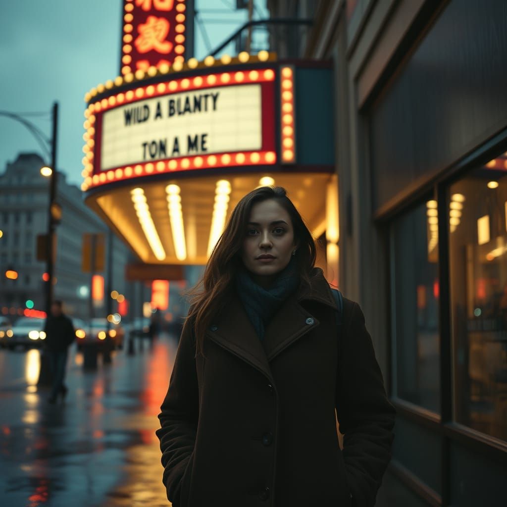 Rainy City Street Scene in Moody Film Style