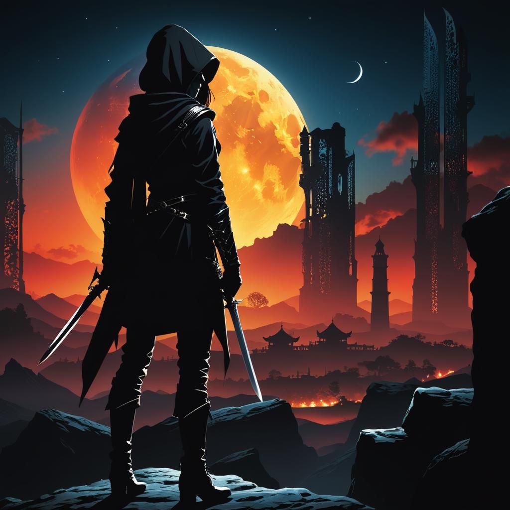 Mysterious Assassin Woman with Shining Sword Silhouette