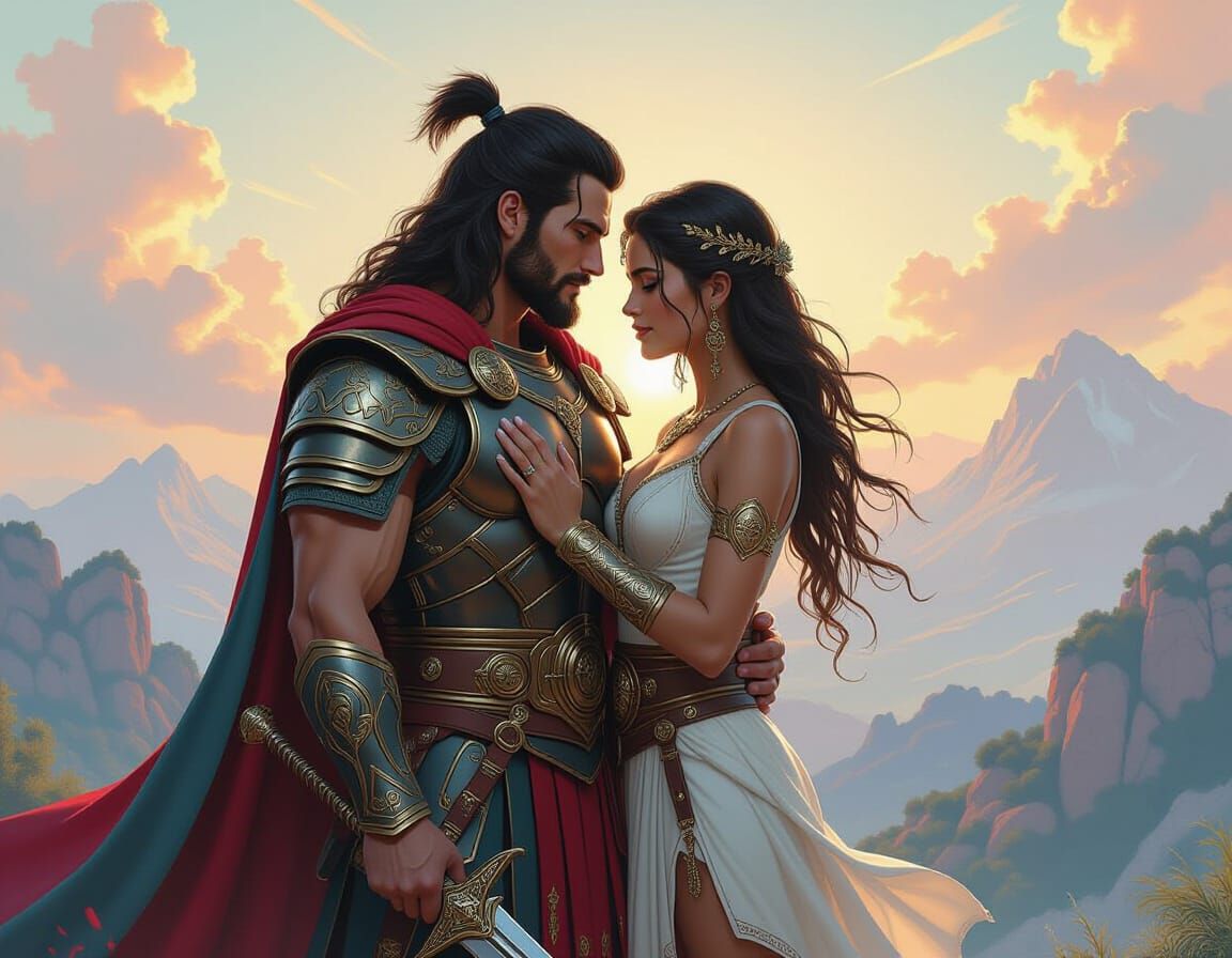 Warrior and Fiance Embrace on Mount Olympus
