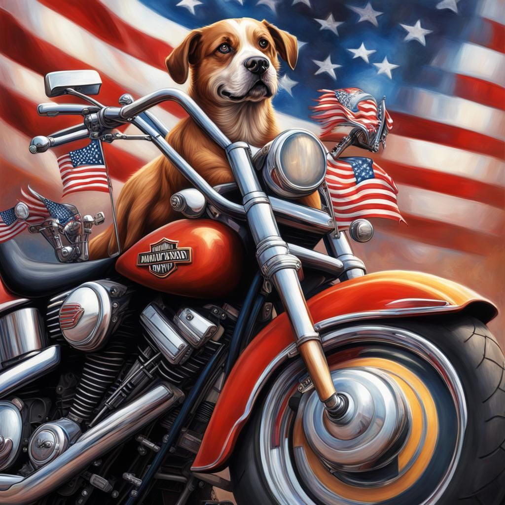 Patriotic Bulldog on Harley Davidson Motorcycle