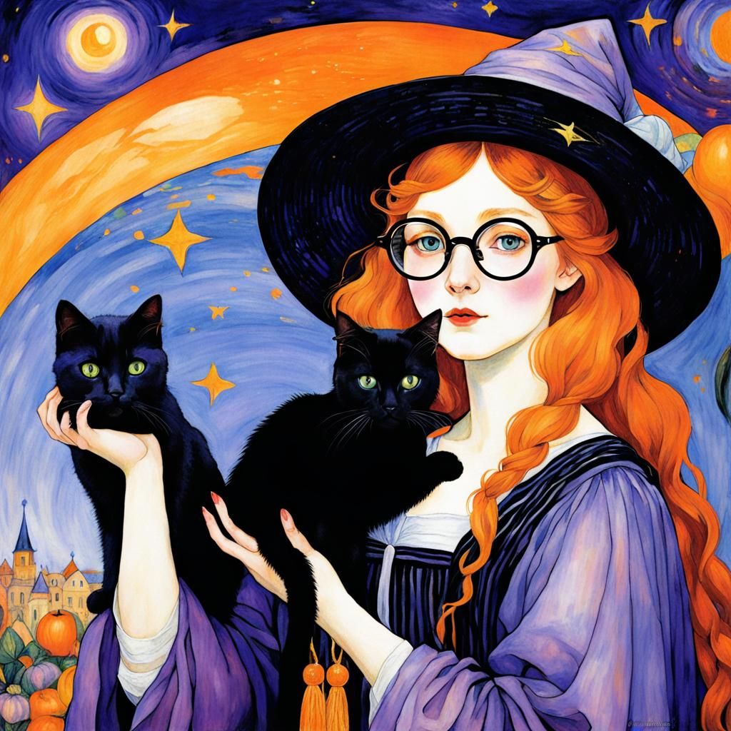Anime Sorceress with Black Cat: Classical Art Fusion