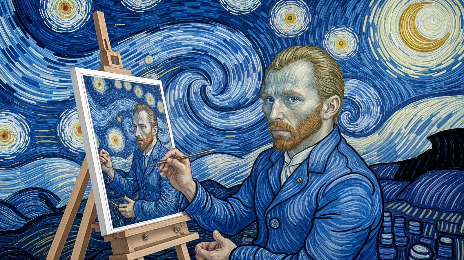 Van Gogh's Swirling Self-Portrait in Starry Night Sky