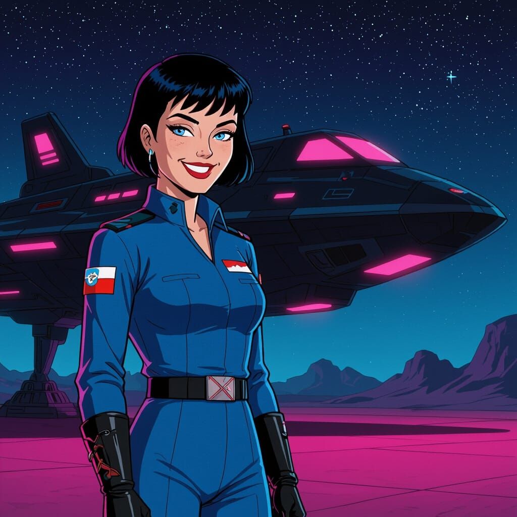 Woman in Blue Uniform Before Spaceship at Night