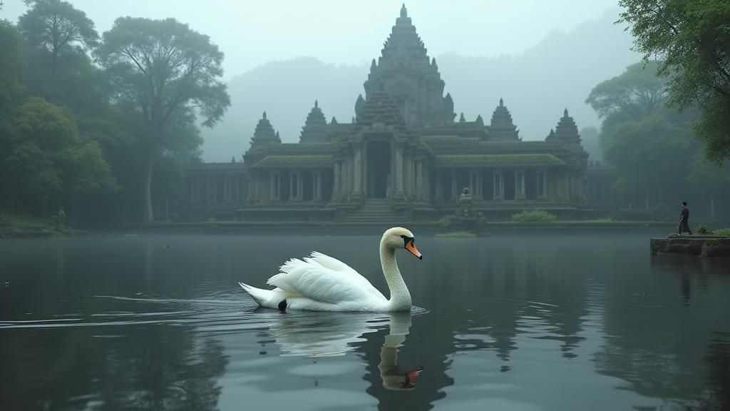 Swan and Ancient Temple in Hyperrealistic Detail