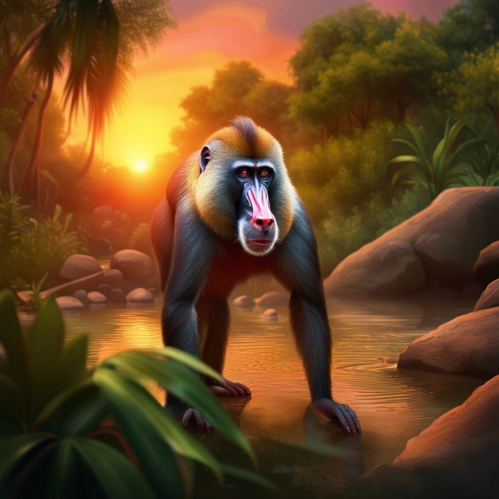 Photorealistic Mandrill in Tropical Sunset