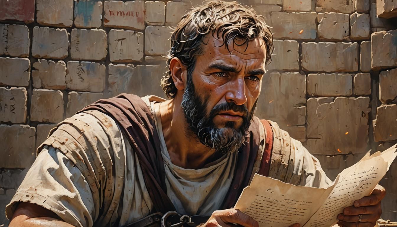 Apostle Paul Writing Letters in Roman Prison: Hyperrealistic...