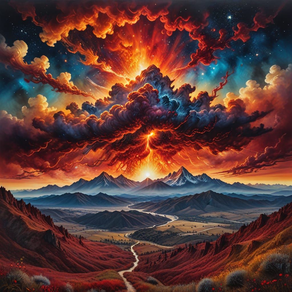 Cosmic Firebird Takes Flight in Starry Night Landscape