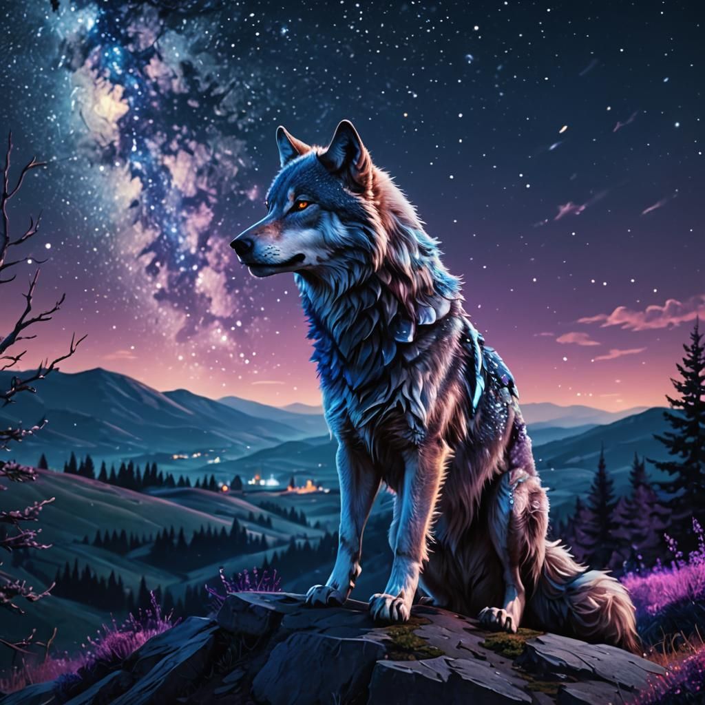 Shiny Wolf Under Starry Night Sky
