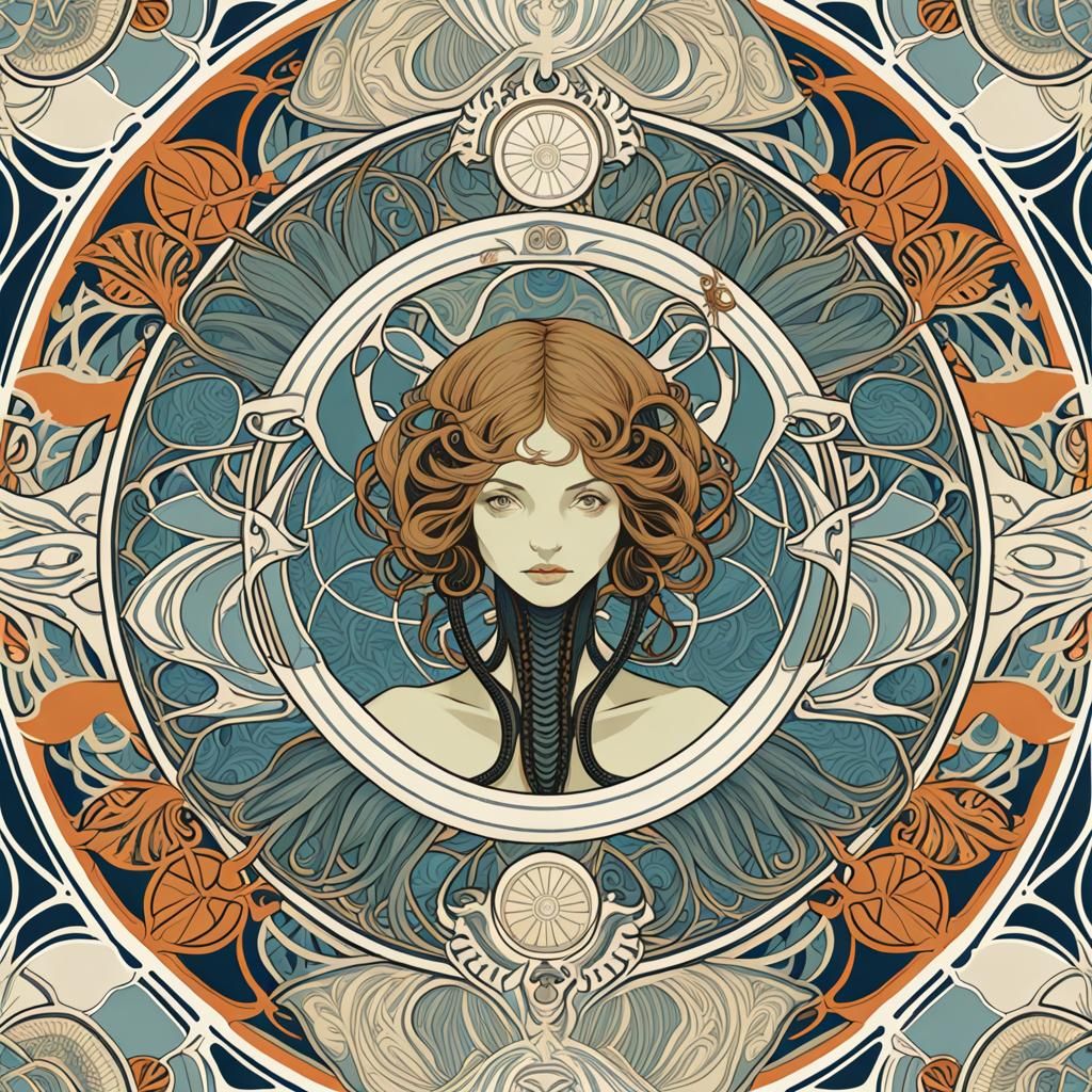 Nautical Xenomorph Seamless Pattern in Art Nouveau Style