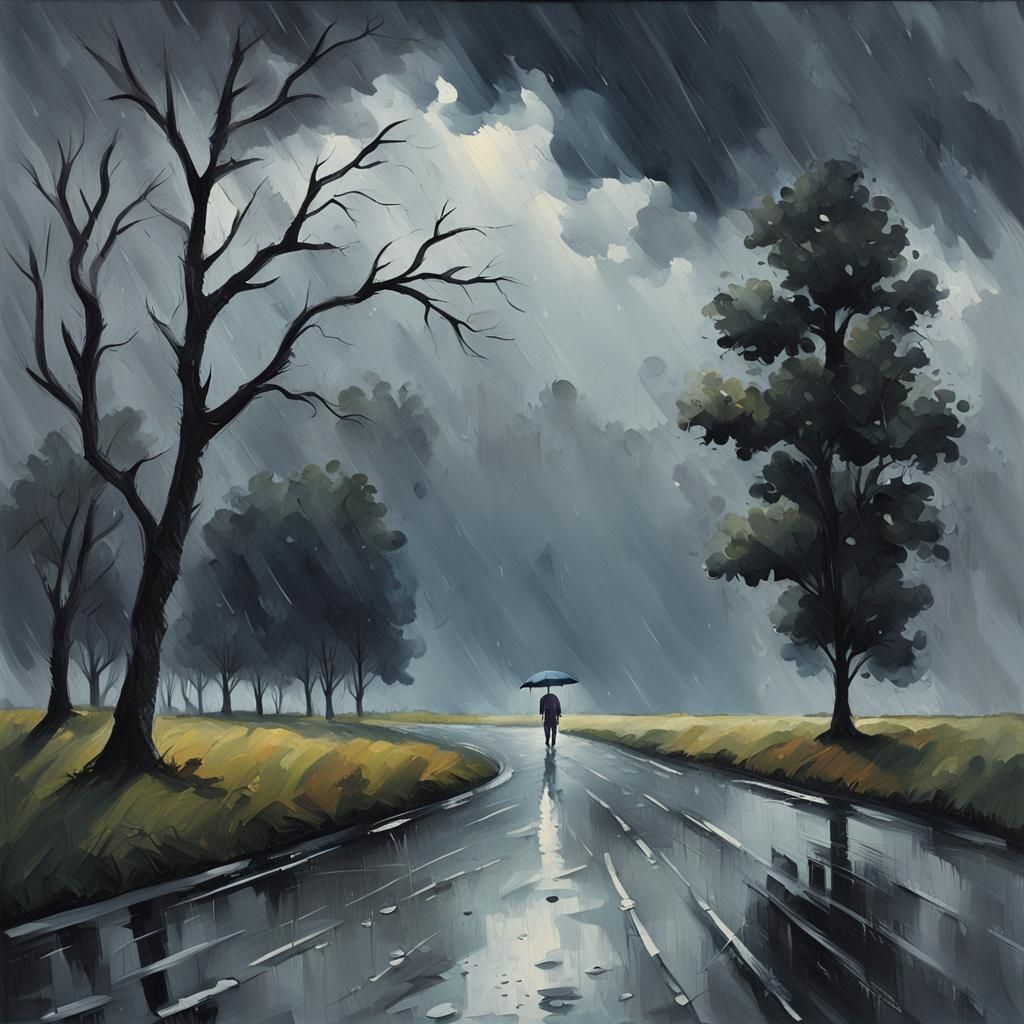 Moody Landscape Painting of a Person in the Rain