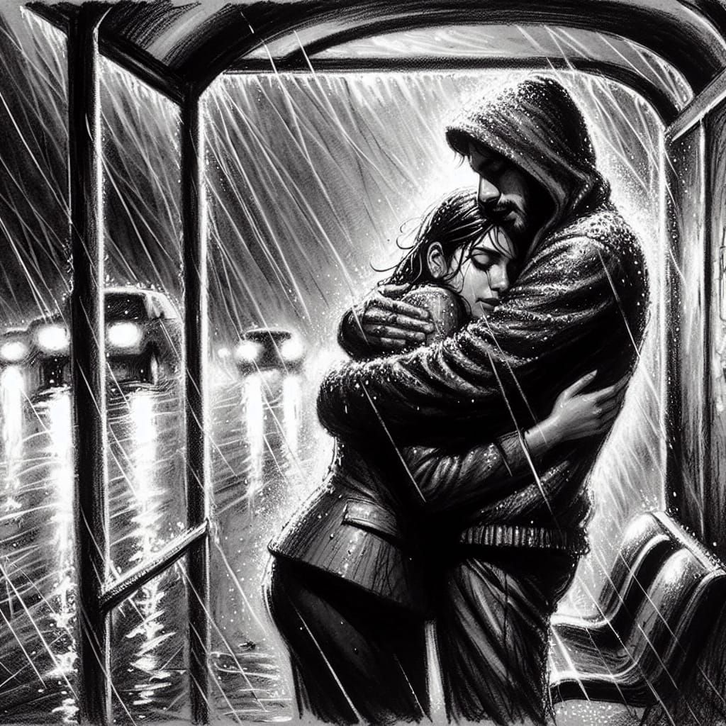 Refuge: Charcoal Sketch of Embrace in Rain