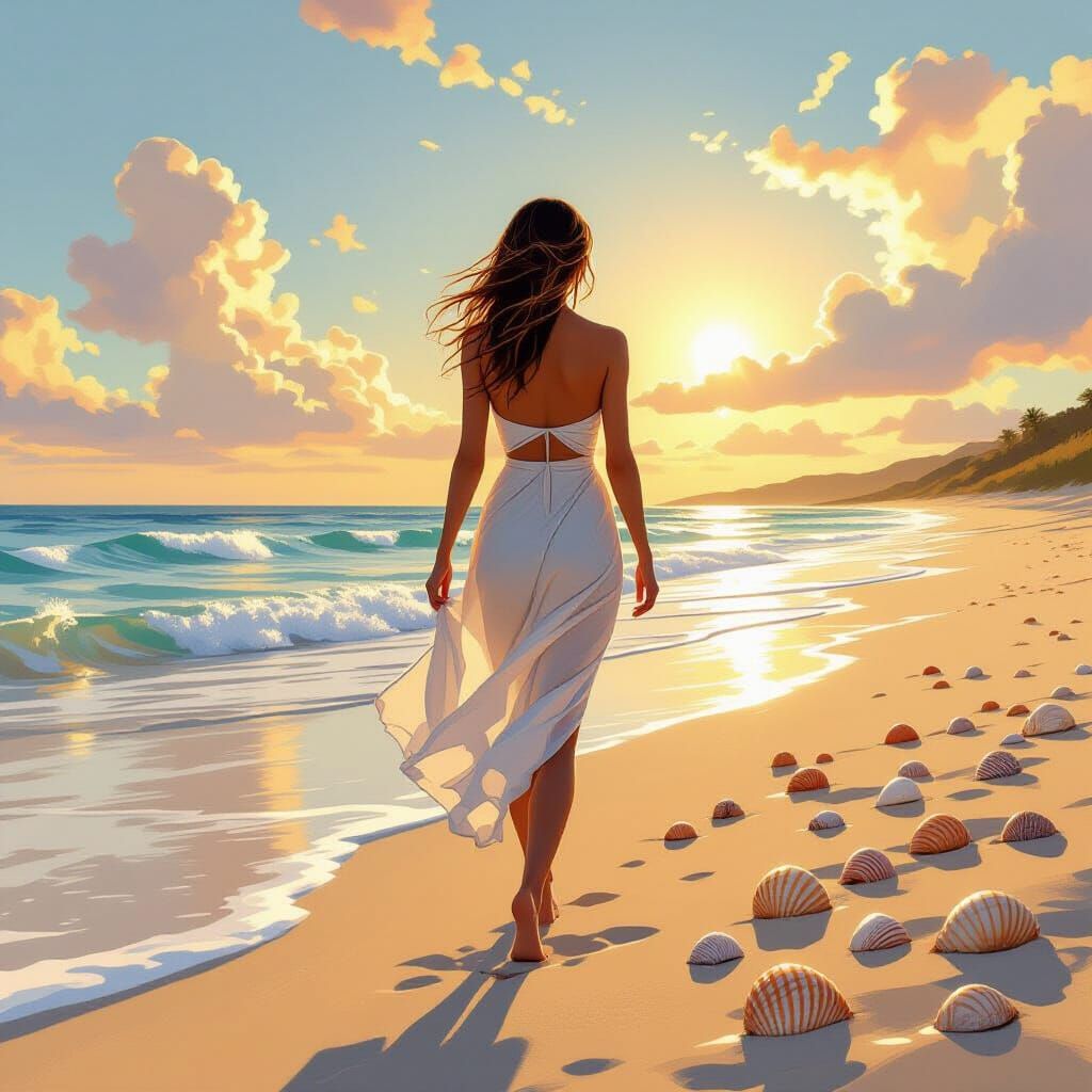 Woman on Sunny Shore with Vibrant Shells