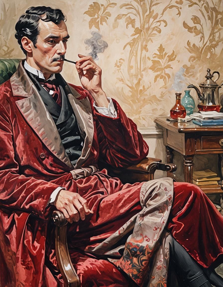 Sherlock Holmes Smoking Pipe in Red Velvet Robe