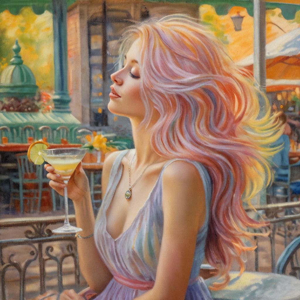 Impressionist Woman Enjoying Cocktail in French Cafe
