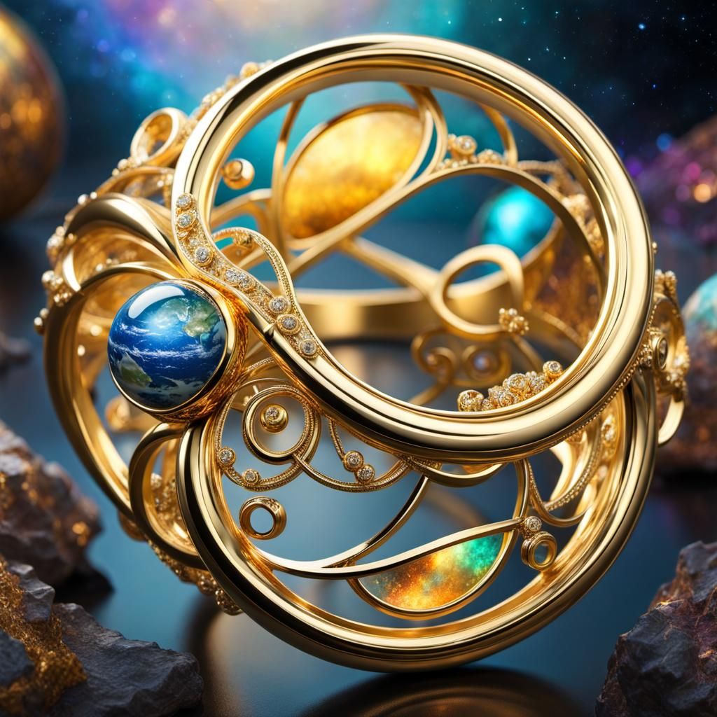 Golden Infinity Ring with Planets: Fantasy Art