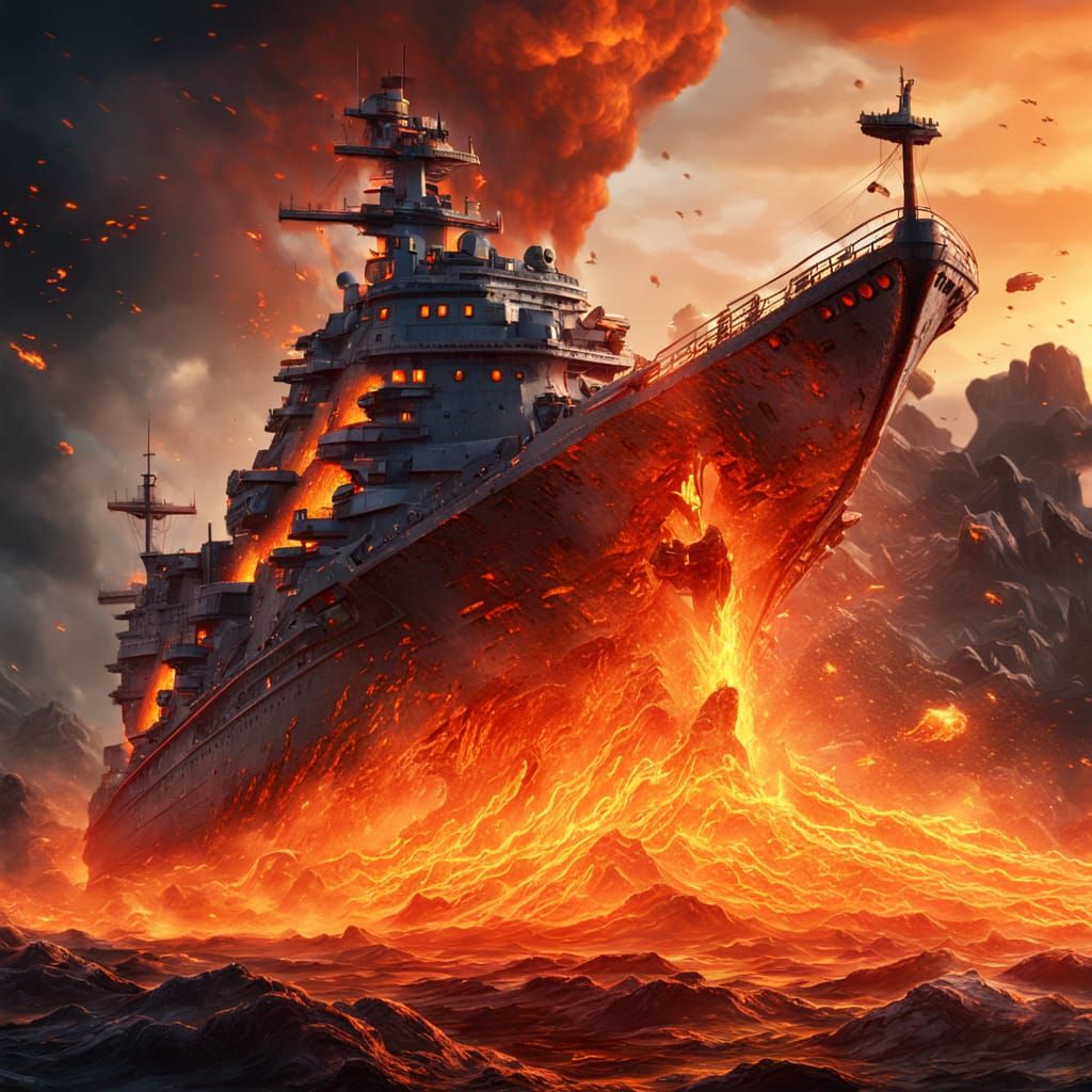 Battleship Sails Through Fiery Lava Sea