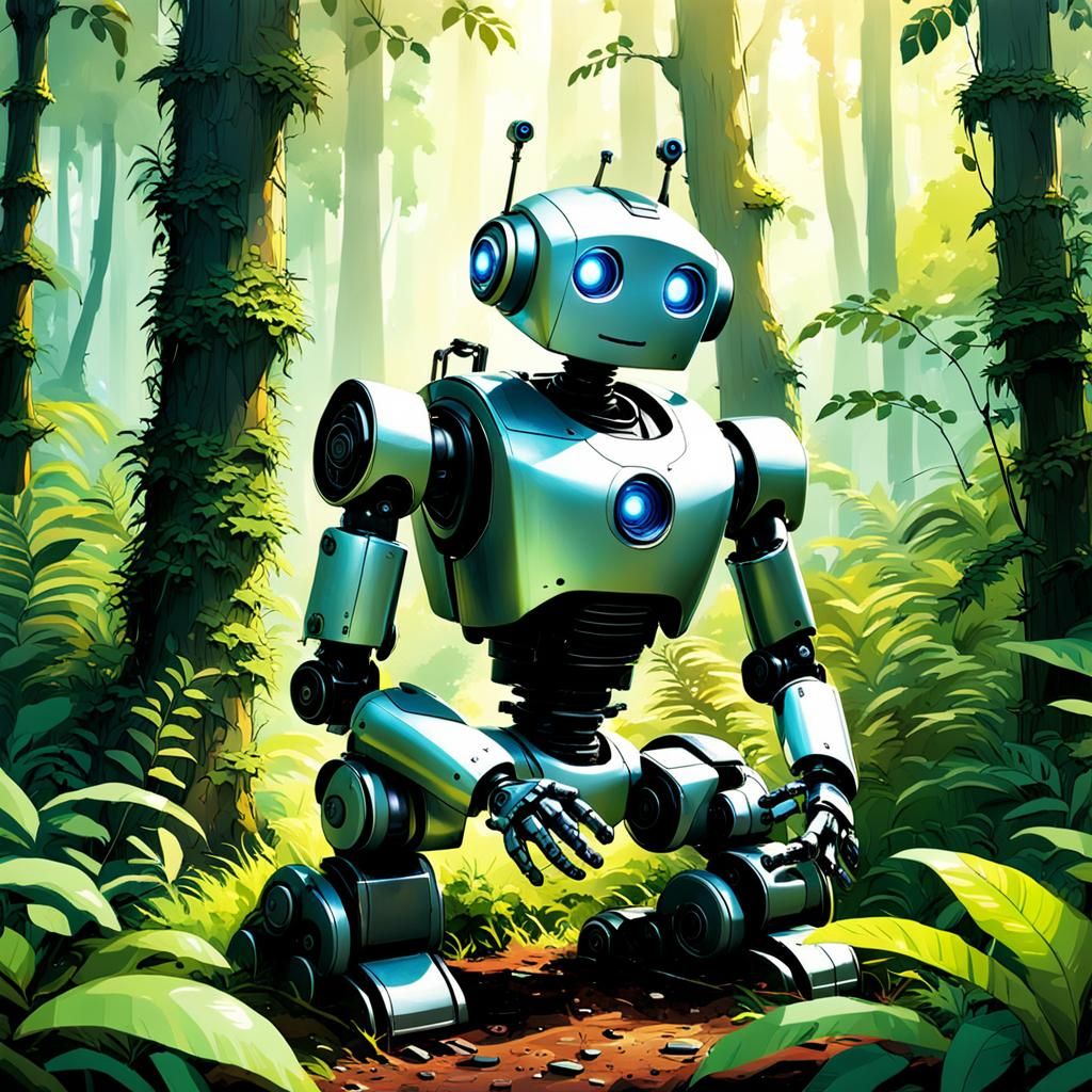 DreamWorks Robot Repair in Lush Forest, 3D Digital Art