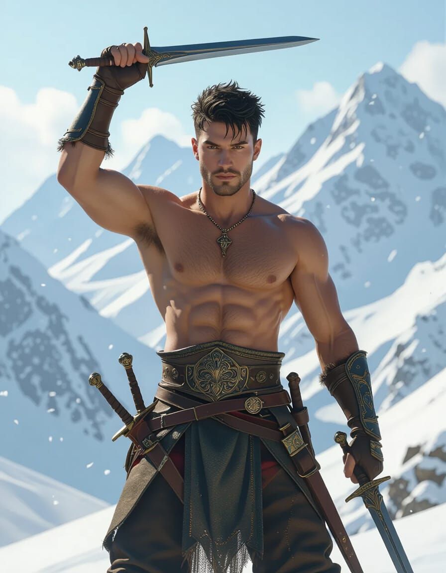 Handsome Fantasy Warrior with Daggers in Snowy Mountains
