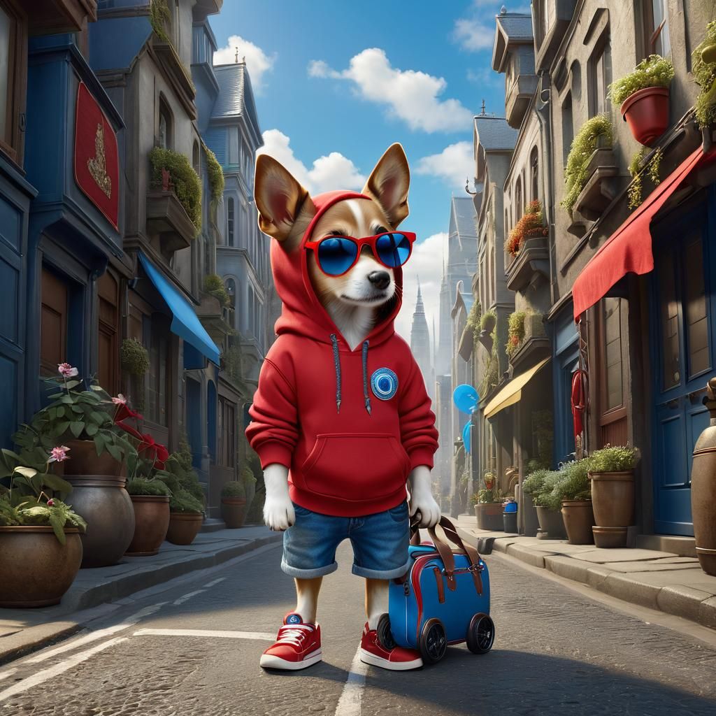 Cute Anthropomorphic Dog in City Street Scene