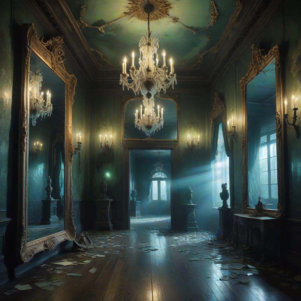 Dreamlike Hall of Mirrors in Dark, Mysterious Surrealism