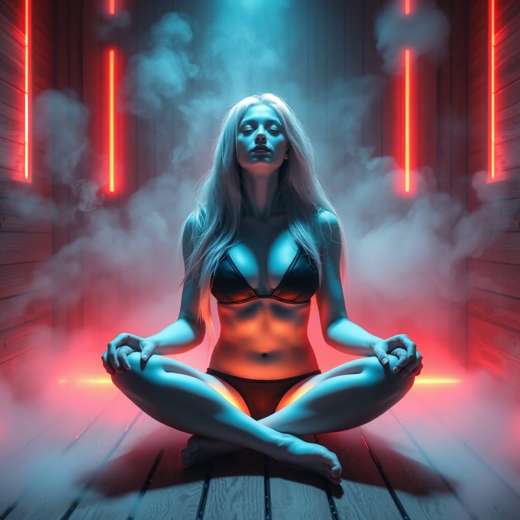 Sci-Fi Woman Meditating in Sauna