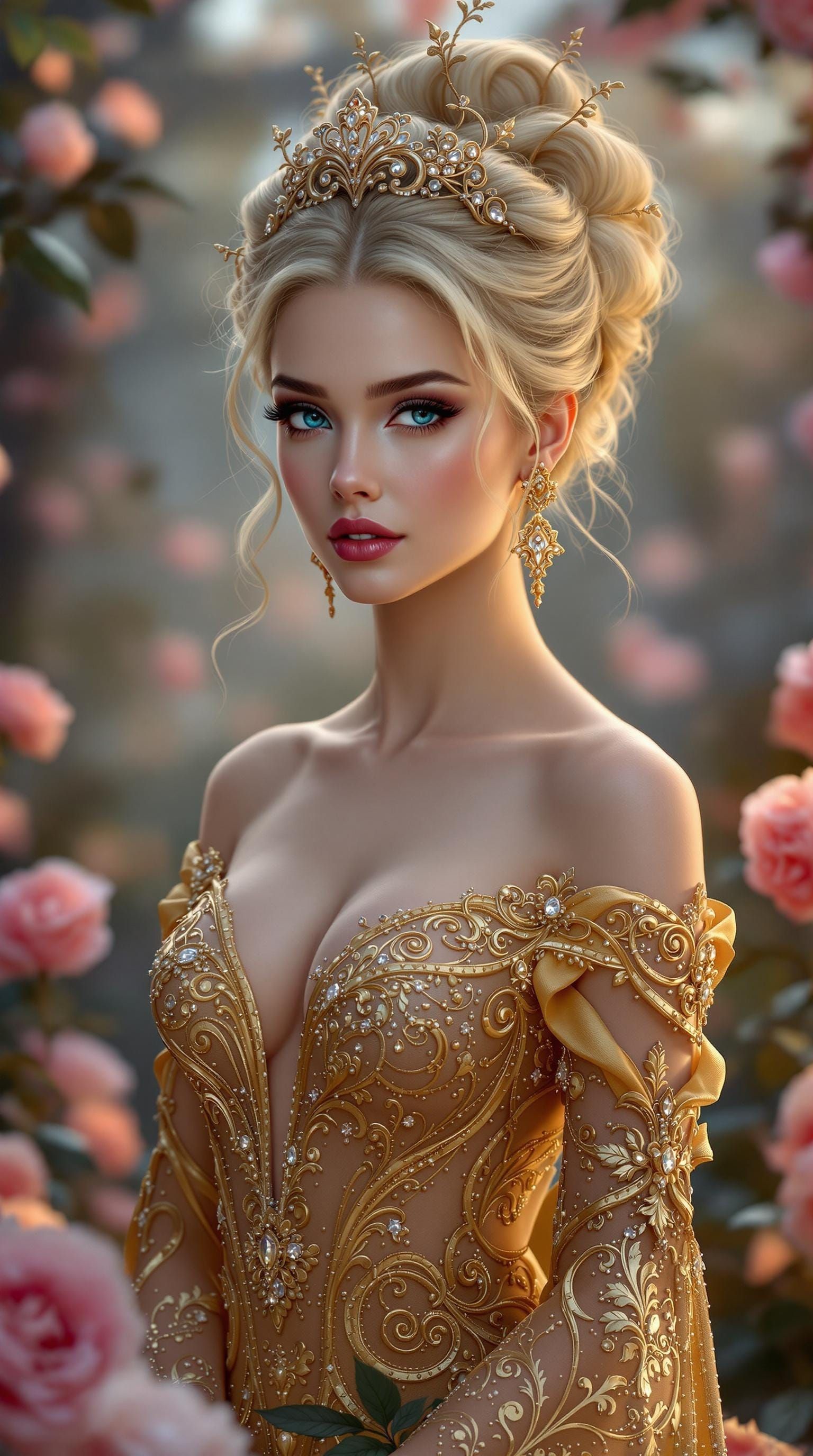 Ethereal Fantasy Portrait of a Regal Woman in Golden Gown