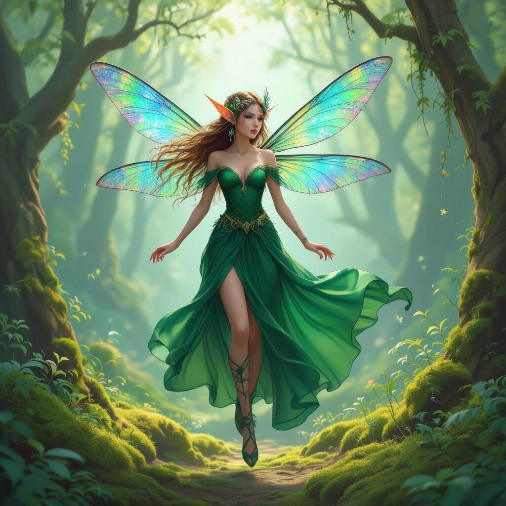 Elf with Dragonfly Wings in Mossy Forest
