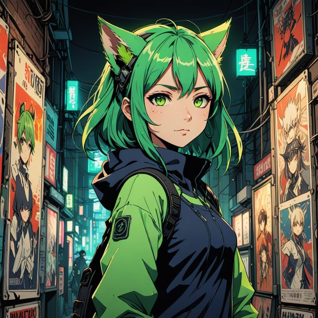 Catgirl in Neon-Lit Poster Paradise
